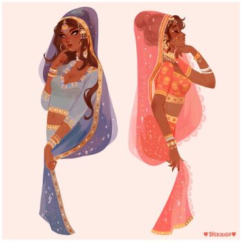 2girls artist_name bracelet breasts brown_eyes brown_hair cleavage closed_eyes commentary cropped_torso curly_hair dark-skinned_female dark_skin earrings english_commentary eyeliner face_piercing hair_bun hoop_earrings jewelry makeup medium_breasts midriff multiple_girls navel nose_piercing nose_ring original piercing single_hair_bun veil very_dark_skin vicki_tsai