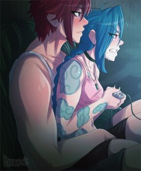 2girls artist_name black_choker black_shorts blush casual choker clenched_teeth closed_mouth cloud_tattoo controller crop_top fingering fingering_from_behind fingering_through_clothes from_side game_controller green_hair highres holding holding_controller holding_game_controller incest jinx_(league_of_legends) khartemis league_of_legends messy_hair multiple_girls on_lap pink_eyes pink_shirt red_hair shiny_skin shirt short_hair shorts siblings sisters sitting super_nintendo_controller tattoo teeth through_clothes vi_(league_of_legends)