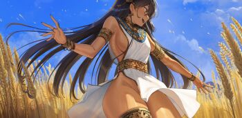 Rule 34 | 1girl, absurdres, armlet, armpit crease, bare shoulders, black hair, blue nails, blue sky, bracelet, breasts, brown eyes, choker, commentary, commission, dark-skinned female, dark skin, dress, earrings, english commentary, fingernails, floating hair, goback, hair over one eye, highres, jewelry, large breasts, long fingernails, long hair, looking to the side, nail polish, no panties, open mouth, original, pelvic curtain, ring, sideboob, sky, sleeveless, sleeveless dress, smile, solo, teeth, thick thighs, thighlet, thighs, very long hair, waistband, wheat field, white dress