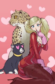 1boy 1girl blonde_hair blush bodysuit boots breasts cat cleavage finger_to_mouth from_side full-length_zipper gloves heart heart-shaped_eyes high_heel_boots high_heels highres jaguar long_hair looking_at_viewer looking_to_the_side medium_breasts morgana_(cat)_(persona_5) morgana_(persona_5) no_mask panther_(persona_5) persona persona_5 pink_background pink_gloves poechan_chan red_bodysuit sitting stiletto_boots stiletto_heels swept_bangs takamaki_anne thigh_boots twintails yokozuwari zipper
