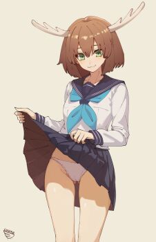 Rule 34 | 1girl, antlers, bare legs, blue neckerchief, blue sailor collar, blue skirt, blush, cameltoe, closed mouth, clothes lift, collarbone, deer antlers, deer girl, dot nose, feet out of frame, female focus, green eyes, grey background, happy, horns, lichtvii, lifting own clothes, long sleeves, looking at viewer, medium hair, neckerchief, panties, presenting, sailor collar, school uniform, shikanoko noko, shikanoko nokonoko koshitantan, shirt, simple background, skirt, skirt lift, smile, solo, underwear, white panties, white shirt