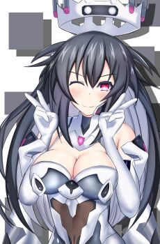 1girl armor armored_leotard breasts choujigen_game_neptune_sisters_vs_sisters colored_inner_hair crown floating floating_crown floating_hair floating_object gray_sister_(neptunia) grey_hair grey_leotard hair_between_eyes highres leotard long_hair medium_breasts multicolored_hair multicolored_leotard neptune_(series) one_eye_closed pink_eyes power_symbol-shaped_pupils simple_background smile solo square stiris_rangetsu symbol-shaped_pupils two-tone_leotard v white_background