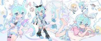 2girls absurdres barefoot black_boots black_bow black_bra black_shorts blue_eyes blue_hair blue_jacket boots bow bra breasts chibi chibi_inset cleavage closed_eyes dolphin_shorts extra_ears hair_between_eyes hair_bow hair_tie_in_mouth highres holding holding_own_hair holding_phone inkling_girl inkling_player_character invisible_chair jacket knee_boots long_hair long_sleeves lying mihuashi_506932 mouth_hold multicolored_jacket multiple_girls multiple_views nintendo on_stomach partially_unzipped phone pillow pink_shirt pointy_ears ponytail sea_slug_ears sea_slug_girl shirt shorts sidelocks sitting small_breasts solo_focus splatoon_(series) thigh_strap tying_hair underwear unzipping very_long_hair watermark white_bow white_jacket zipper_pull_tab