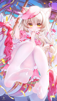 1girl absurdres amusement_park animal_ears blonde_hair blush breasts carousel cat_ears cat_girl cat_tail dress frilled_dress frills hat highres horse long_hair looking_at_viewer no_shoes original pantyhose pink_dress pole riding short_sleeves sitting small_breasts smile soles solo suaynnai_wanzi tail thighband_pantyhose thighs toes white_horse white_pantyhose yellow_eyes