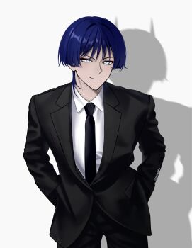 1boy alternate_costume arms_at_sides black_jacket black_necktie black_pants black_sleeves black_suit blunt_ends closed_mouth collared_shirt contemporary cowboy_shot demon_horns different_shadow eyeliner eyeshadow formal_clothes genshin_impact hands_in_pockets highres horns jacket lapels long_sleeves looking_at_viewer makeup male_focus melyuuto necktie pants purple_hair red_eyeliner red_eyeshadow scaramouche_(genshin_impact) shirt smile solo suit suit_jacket tsurime twitter_username white_background white_eyes white_shirt