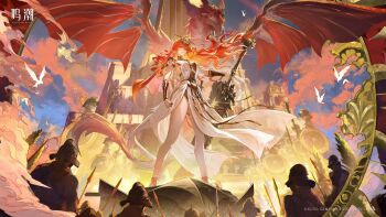 1girl ancient_greek_clothes armor augusta_(wuthering_waves) bare_legs breastplate breasts character_name dress floating_hair greatsword greco-roman_clothes headgear highres holding holding_sword holding_weapon legs logo long_hair medium_breasts official_art orange_hair people solo_focus standing statue sword very_long_hair weapon white_dress wide_shot wuthering_waves