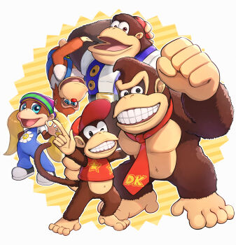 1girl 4boys absurdres blonde_hair blue_overalls body_fur brown_fur chunky_kong diddy_kong donkey_kong donkey_kong_(series) donkey_kong_64 full_body gonzarez gorilla group_picture highres lanky_kong long_hair monkey multiple_boys nintendo no_humans overalls red_shirt shirt tiny_kong twintails