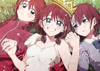 3girls absurdres bandaid blood blood_on_face blue_eyes blush brown_hair closed_mouth commentary_request crown crying crying_with_eyes_open dochiwawa girls_band_cry highres holding_hands injury iseri_nina jacket looking_at_viewer low_twintails lying multiple_girls multiple_persona on_back open_mouth red_jacket school_uniform short_hair tears twintails white_background