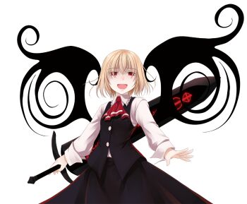 1girl :d ascot black_skirt black_vest black_wings blonde_hair buttons collared_shirt commentary_request cowboy_shot crote ex-rumia frilled_shirt_collar frills hair_between_eyes holding holding_behind_back holding_sword holding_sword_behind_back holding_weapon holding_weapon_behind_back huge_weapon large_variant_set long_sleeves looking_at_viewer open_mouth red_ascot red_eyes rumia shirt short_hair skirt sleeve_cuffs smile solo standing sword teeth touhou transparent_background upper_teeth_only variant_set vest weapon white_shirt wings