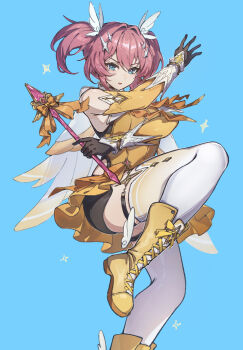 Rule 34 | 1girl, arm up, black gloves, blue background, blue eyes, boots, commentary request, detached sleeves, dress, fuchsia (strinova), gloves, hair between eyes, hair intakes, hair ornament, highres, holding, holding wand, lace-up boots, leg up, looking at viewer, magical girl, official alternate costume, orange boots, orange dress, orange sleeves, parted lips, pink hair, shishui guima, short hair, simple background, solo, sparkle, star (symbol), star hair ornament, strinova, thigh strap, thighhighs, twintails, wand, white thighhighs, wing hair ornament