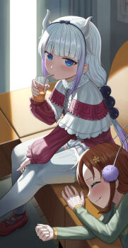 Rule 34 | 2girls, absurdres, beads, blue eyes, blunt bangs, blush, brown hair, capelet, closed eyes, closed mouth, commentary request, cup, dragon girl, dragon horns, dress, drinking, drinking straw, drinking straw in mouth, green shirt, hair beads, hair ornament, highres, holding, holding cup, horns, indoors, kanna kamui, kobayashi-san chi no maidragon, long hair, long sleeves, looking at viewer, lying, multicolored hair, multiple girls, on side, pink dress, puffy long sleeves, puffy sleeves, purple hair, saikawa riko, shirt, silvertsuki, sitting, smile, sphere hair ornament, streaked hair, tail, thighhighs, twintails, white capelet, white hair, white thighhighs