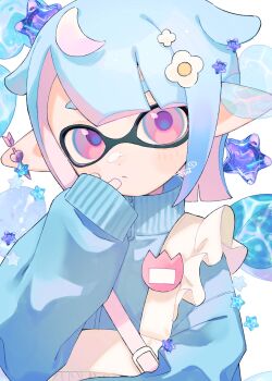 Rule 34 | 1girl, asymmetrical bangs, blue hair, blue sweater, closed mouth, colored inner hair, crescent, crescent hair ornament, dot nose, hair ornament, highres, inkling, inkling girl, inkling player character, long hair, looking at viewer, multicolored hair, nintendo, parted bangs, pink eyes, pink hair, pointy ears, sabata saba, signature, sleeves past wrists, solo, splatoon (series), splatoon 3, sweater, tentacle hair, turtleneck, turtleneck sweater, two-tone hair, upper body, white background