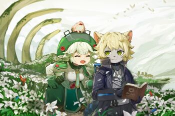 1boy 1girl ^_^ absurdres animal_ear_fluff animal_ears armor black_coat black_gloves blonde_hair bone book breastplate breasts cat_ears chinese_commentary closed_eyes closed_mouth coat commentary_request creature_on_head day facing_another fang field flower flower_field gloves green_eyes green_gloves green_hair green_hat green_necktie green_skirt hand_on_own_hip hat highres holding holding_book leaning_forward long_sleeves looking_at_another looking_to_the_side made_in_abyss medium_breasts meinya_(made_in_abyss) necktie open_book open_mouth original outdoors pouch prushka scenery shirt short_hair skirt smile standing sterlank whistle whistle_around_neck white_flower white_shirt