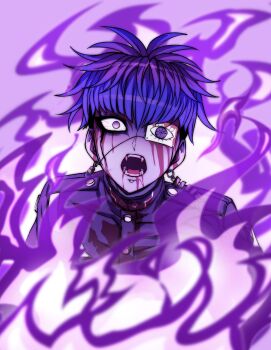 1boy absurdres armband black_hair black_jacket blood blood_on_clothes blood_on_face blue_hair burning chamuchai commentary_request earrings empty_eyes eye_print eyepatch face_piercing fangs fire gakuran highres jacket jewelry labret_piercing last_defense_academy_school_uniform looking_at_viewer male_focus multicolored_hair no_pupils omokage_yugamu piercing print_eyepatch purple_fire school_uniform short_hair solo the_hundred_line_-last_defense_academy- white_armband wide-eyed zombie