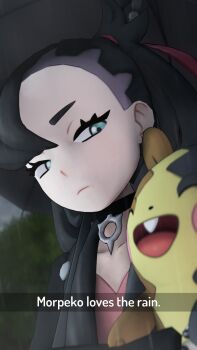 1girl 3d aqua_eyes asymmetrical_bangs black_choker black_hair black_jacket child choker collarbone dress ear_piercing english_text evening expressionless fake_screenshot female_focus flat_chest gen_8_pokemon greatm8 highres holding holding_pokemon jacket leather leather_jacket long_hair long_sleeves looking_at_another marnie_(pokemon) morpeko nature neck nintendo open_clothes open_jacket open_mouth outdoors pendant_choker piercing pink_dress pokemon pokemon_(creature) pokemon_swsh punk rain sidelocks size_difference sky standing twintails undercut