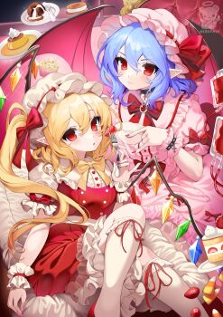 2girls bat_wings black_choker blonde_hair blood blood_bag bracelet brooch choker commentary cross_pendant crystal_wings cup dress embodiment_of_scarlet_devil english_commentary flandre_scarlet food fork frilled_dress frilled_sleeves frilled_socks frilled_wrist_cuffs frills hat hat_ribbon highres holding holding_cup holding_fork jewelry looking_at_viewer mob_cap multiple_girls pink_dress pink_hat pink_nails pointy_ears pudding puffy_short_sleeves puffy_sleeves red_eyes remilia_scarlet ribbon shianebulae short_hair short_sleeves siblings side_ponytail sisters smile socks spiked_bracelet spikes teacup touhou white_hat white_socks wings wrist_cuffs