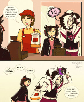 1boy 2girls anger_vein bag black_hair black_jacket brother_and_sister cash_register cashier driftingnova eyeshadow gen_8_pokemon green_eyes highres jacket makeup marnie_(pokemon) morpeko morpeko_(hangry) multicolored_hair multiple_girls nintendo one_eye_closed paper_bag pendant_choker piers_(pokemon) pokemon pokemon_(creature) pokemon_swsh purple_eyeshadow siblings signature two-tone_hair white_hair