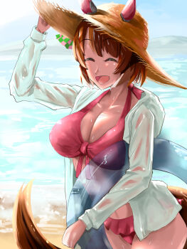 1girl ahoge animal_ears beach bikini blue_jacket blue_sky blush breasts brown_hair cleavage closed_eyes collarbone dantsu_flame_(umamusume) ear_covers ears_through_headwear hair_between_eyes hat highres horse_ears horse_girl horse_tail innertube jacket large_breasts multicolored_hair ocean open_clothes open_jacket open_mouth outdoors pink_bikini red_bikini sakata55555 sky smile solo stomach sun_hat swim_ring swimsuit tail umamusume water wet wet_clothes white_hair