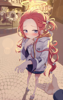 1boy 4girls :d ^_^ absurdres animal_ear_headphones animal_ears aris_(blue_archive) black_hair black_thighhighs blonde_hair blue_archive blue_necktie blush boots bow braid carousel closed_eyes cloud fake_animal_ears ferris_wheel forehead green_footwear hair_between_eyes hair_bow halo headphones highres hood hood_down hooded_jacket jacket kamatama long_hair long_sleeves midori_(blue_archive) momoi_(blue_archive) multiple_girls necktie o_o one_side_up open_mouth out_of_frame outdoors outstretched_arm pink_boots power_symbol purple_eyes red_hair roller_coaster sandals sensei_(blue_archive) shirt siblings sisters sky smile solo_focus standing sunset thighhighs twins v-shaped_eyebrows very_long_hair white_bow white_footwear white_jacket white_shirt wide_sleeves yuzu_(blue_archive)