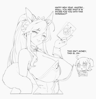 Rule 34 | 2026, 2girls, absurdres, animal ears, artoria pendragon (fate), artoria pendragon (lancer) (fate), artoria pendragon (swimsuit ruler) (fate), artoria pendragon (swimsuit ruler) (first ascension) (fate), blonde hair, braid, breasts, chibi, chibi inset, chinese new year, chinese zodiac, commentary, condom, condom packet strip, condom wrapper, detached collar, english commentary, fate/grand order, fate (series), fujimaru ritsuka (female), highres, hongbao, huge breasts, long hair, monochrome, multiple girls, necktie, pantyhose, playboy bunny, ponytail, ponytail with braided base, rabbit ears, riyo (lyomsnpmp) (style), side ponytail, thernz, wrist cuffs, year of the horse