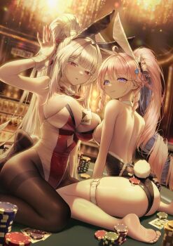 2girls absurdres alternate_costume alternate_hairstyle animal_ear_hairband animal_ears ass back backless_leotard bar_(place) bare_shoulders barefoot between_breasts black_leotard black_pantyhose blue_eyes blue_hair breasts card closed_mouth colored_inner_hair commentary covered_navel denia_(wuthering_waves) earrings fake_animal_ears fake_tail hair_intakes hair_ornament hairband hand_up high_ponytail highres hiyuki_(wuthering_waves) indoors jewelry large_breasts leotard light_blush limi_(li_mi_0) long_hair looking_at_viewer looking_to_the_side median_furrow multicolored_hair multiple_girls o-ring o-ring_thigh_strap pantyhose parted_lips pink_hair playboy_bunny playing_card poker_chip ponytail rabbit_ear_hairband rabbit_ears rabbit_tail red_eyes sitting smile soles strapless strapless_leotard tail thigh_strap thighband_pantyhose toes turning_head untranslatable_commentary wariza white_hair wuthering_waves