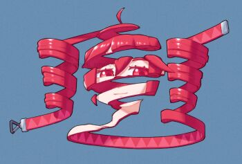 1girl ahoge belt blue_background closed_mouth colored_eyelashes drill_hair hair_between_eyes hashtag-only_commentary head_only highres kanbaru_mitsuki kasane_teto red_eyes red_hair solo twin_drills twitter_username utau what