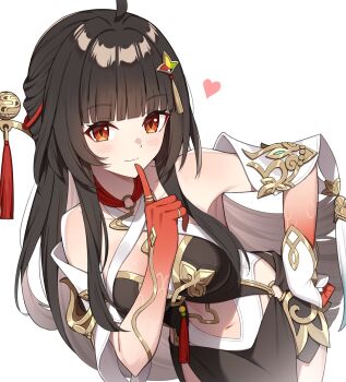 1girl bare_shoulders blush breasts brown_hair chinese_clothes closed_mouth clothing_cutout colored_extremities commentary_request cowboy_shot criss-cross_halter diamond-shaped_pupils diamond_(shape) finger_to_mouth fingerless_gloves gloves hair_ornament halterneck hand_on_own_hip hand_up heart highres honkai:_star_rail honkai_(series) leaning_forward lingsha_(honkai:_star_rail) long_hair looking_at_viewer medium_breasts navel navel_cutout orange_eyes red_hands scales simple_background single_glove smile solo symbol-shaped_pupils t@ke-g upper_body white_background white_gloves