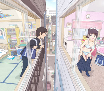 1boy 1girl air_conditioner alarm_clock alley analog_clock bag bed bedroom black_eyes black_hair blue_skirt blush book bookshelf bow bra building calendar carpet city clock desk desk_lamp gakuran gundam gutter hair_bow house kiyo_(kyokyo1220) lamp leaning_forward open_mouth original panties perspective pleated_skirt pooh poster_(object) profile road roomscape school_uniform shoulder_bag skirt socks standing striped_clothes striped_panties stuffed_animal stuffed_toy tatami teddy_bear tissue_box underwear undressing v-shaped_eyebrows wall_clock white_bow window window_blinds winnie_the_pooh