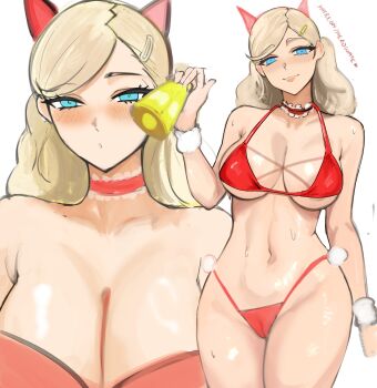 1girl absurdres animal_ears bell bikini blonde_hair blue_eyes blush breasts cat_ears choker cleavage closed_mouth commentary english_commentary hair_ornament hairclip highres holding holding_bell large_breasts looking_at_viewer multiple_views navel nero_watch parted_lips persona persona_5 pom_pom_(clothes) red_bikini red_choker santa_bikini santa_costume simple_background stomach sweat swimsuit takamaki_anne twintails white_background