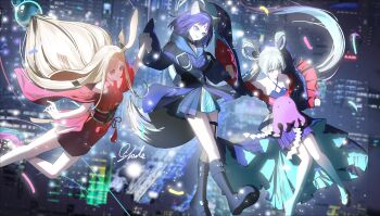 Rule 34 | 3girls, :d, absurdres, animal ears, ankle boots, aqua dress, artist name, belt, black belt, black boots, black collar, blonde hair, blue eyes, blue hoodie, blurry, boots, brown eyes, cho kaguya-hime!, cityscape, collar, commentary request, dress, high heels, highres, holding hands, hood, hood down, hoodie, kaguya (cho kaguya-hime!), long hair, long sleeves, looking ahead, medium hair, multicolored dress, multiple girls, open mouth, purple dress, purple hair, red dress, runami yachiyo, sakayori iroha, shale, shoes, sleeveless, sleeveless dress, smile, tail, twintails, very long hair, white hair, white shoes, wide sleeves