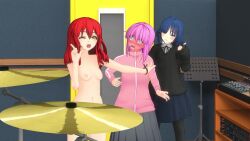 3d 3d_background 3girls :3 @_@ amplifier animated audible_music blue_hair blush bocchi_the_rock! bouncing_breasts bow breasts breasts_out cymbals dancing drum drum_set full-face_blush gotoh_hitori highres hoshino_ruby_dance indoors instrument jumping kita_ikuyo long_hair long_sleeves meme mixer mole mole_under_eye multiple_girls music music_stand navel neren nipples nude pink_hair red_hair school_uniform short_hair sound standing studio thumbs_up video yamada_ryo