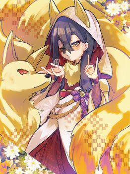 1girl absurdres alternate_costume animal_ears black_hair carmine_(pokemon) coat commentary crossed_bangs fox_ears fox_girl fur_collar gen_1_pokemon hair_between_eyes highres hood hood_up japanese_clothes kimono long_hair long_sleeves looking_at_viewer miko mole mole_under_eye multicolored_hair ninetales nintendo one_eye_closed pokemon pokemon_(creature) pokemon_sv red_eyes red_hair red_kimono red_sash sash simple_background standing symbol-only_commentary tacho_baby two-tone_hair upper_body white_coat yellow_eyes yellow_fur