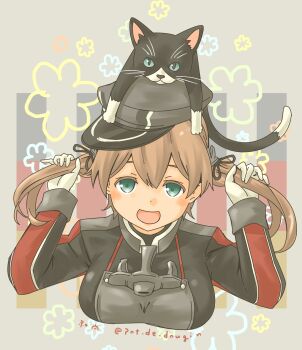1girl absurdres anchor_hair_ornament anchor_ornament animal animal_on_head black_cat blonde_hair breasts cat cat_on_head commentary_request gloves green_eyes hair_ornament hat highres kantai_collection large_breasts long_hair low_twintails military_hat military_uniform on_head peaked_cap pot-de prinz_eugen_(kancolle) solo twintails twitter_username unsinkable_sam upper_body white_gloves