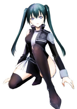 1girl absurdres bad_id bad_pixiv_id belt black_belt black_boots black_jacket black_order_uniform black_skirt blue_eyes boots breasts collared_jacket commentary_request cross d.gray-man earrings emblem eyelashes facing_viewer frilled_skirt frills frown green_hair hair_between_eyes highres horizontal-striped_belt jacket jewelry karashi legs lenalee_lee lipgloss lips long_hair long_sleeves looking_at_viewer medium_breasts miniskirt multicolored_eyes parted_bangs pink_lips purple_eyes sidelocks simple_background single_earring skirt solo squatting straight-on striped_belt striped_clothes striped_jacket stud_earrings thigh_boots thighhighs thighs twintails two-tone_eyes two-tone_skirt vertical-striped_clothes vertical-striped_jacket very_long_hair white_background white_skirt zettai_ryouiki