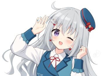 1girl ;d blue_hat blue_jacket blue_nails collared_shirt commentary_request earrings grey_hair hair_ornament hairclip hanazora_satsuki hat heart heart_earrings heart_hair_ornament jacket jewelry kanaru_hanon long_hair long_sleeves looking_at_viewer neck_ribbon one_eye_closed open_mouth palette_project parallel_hairclips purple_eyes red_ribbon ribbon shirt simple_background sleeveless sleeveless_jacket smile solo tilted_headwear virtual_youtuber white_background white_shirt