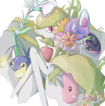 artist_name blue_skin bob_cut chinchou colored_skin finneon flower gardevoir gen_2_pokemon gen_3_pokemon gen_4_pokemon green_hair green_skin highres ktbr_2 luvdisc multicolored_skin nintendo pink_eyes pink_skin pokemon pokemon_(creature) signature two-tone_skin white_background white_skin