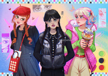 3girls agnes_demille artist_name bag beret black_eyes black_hair black_jacket black_pants black_shirt black_vest blonde_hair blue_eyes blue_streaks braid brown_hair brown_pants coat collared_shirt cropped_jacket dress enid_sinclair green_eyes green_shirt grey_dress hat jacket long_hair looking_at_viewer looking_to_the_side luztapiaart multicolored_hair multiple_girls open_clothes open_coat open_jacket pants pink_coat pink_streaks red_hat shirt shoulder_bag skull_and_crossbones sleeveless sleeveless_coat streaked_hair the_addams_family twin_braids vest watermark wednesday_(netflix) wednesday_addams