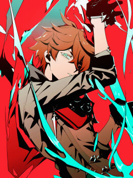 1boy black_gloves crossed_bangs genshin_impact gloves grey_jacket hair_between_eyes highres jacket looking_at_viewer male_focus mask mask_on_head orange_hair parted_lips partially_shaded_face red_background red_mask red_scarf scarf sidu_(dsd_kgn) simple_background solo tartaglia_(genshin_impact) water