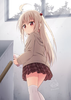 Rule 34 | 1girl, ahoge, closed mouth, commentary request, hair bobbles, hair ornament, highres, hood, hood down, indoors, long hair, long sleeves, original, paid reward available, pleated skirt, red eyes, ri-net, skirt, solo, thighhighs, white thighhighs, window