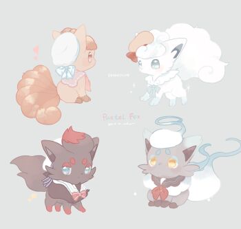 alolan_form alolan_vulpix alternate_color animal_focus blue_eyes blush bow closed_mouth clothed_pokemon commentary_request fox gen_1_pokemon gen_5_pokemon gen_7_pokemon grey_background hat highres hisuian_zorua mkt_(buizu-miki) nintendo no_humans orange_eyes pokemon pokemon_(creature) pokemon_focus sailor_collar sailor_hat shiny_pokemon simple_background sitting vulpix zorua
