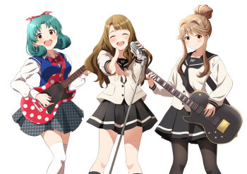 3girls :d ^_^ absurdres bass_guitar black_neckerchief black_pantyhose black_skirt blue_sailor_collar blue_sweater_vest blush bow bowtie brown_eyes brown_hair closed_eyes electric_guitar facing_viewer green_hair grey_skirt guitar hair_bun hair_ribbon highres holding holding_bass_guitar holding_guitar holding_instrument holding_microphone idolmaster idolmaster_million_live! instrument long_hair long_sleeves looking_at_viewer microphone microphone_stand miniskirt miyao_miya multiple_girls my_pace_unit_(idolmaster) neckerchief open_mouth pantyhose pleated_skirt polka_dot polka_dot_ribbon red_bow red_bowtie red_ribbon ribbon sailor_collar sailor_shirt shirt short_hair sidelocks simple_background single_hair_bun skirt smile standing sweater_vest tenkuubashi_tomoka thighhighs tokugawa_matsuri white_background white_shirt white_thighhighs yukipo_p