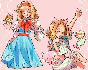 Rule 34 | 1girl, alice margatroid, arm up, blonde hair, blue dress, blue shirt, blue shorts, bow, bow hairband, bow shorts, bowtie, capelet, commentary, covering own mouth, dress, english commentary, hairband, highres, looking at viewer, molly yancey, multiple views, nightgown, one eye closed, open mouth, pillow, pink background, pink bow, red bow, red bowtie, red hairband, shanghai doll, shirt, shirt bow, shorts, sleepy, smile, striped clothes, striped shirt, striped shorts, touhou, two-tone shirt, two-tone shorts, white capelet, white shirt, white shorts, yawning