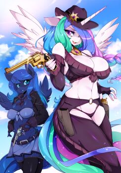 2girls alternate_costume animal_ears bad_id bad_tumblr_id blue_eyes breasts cleavage cloud cowboy_hat cowboy_western curvy feathered_wings furry furry_female green_hair gun hat highres holding holding_gun holding_weapon horns horse_ears horse_girl horse_tail large_breasts long_hair midriff multicolored_hair multiple_girls my_little_pony my_little_pony:_friendship_is_magic navel outdoors personification princess_celestia princess_luna purple_eyes purple_hair siblings single_horn sisters sky slugbox tail unicorn_girl weapon wide_hips wings