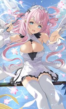 1girl absurdres aqua_eyes azur_lane breasts broom broom_riding cleavage commentary_request detached_sleeves dress feathers frilled_dress frilled_hairband frills hairband hands_up highres holding holding_wand large_breasts long_hair looking_at_viewer pink_hair reaching reaching_towards_viewer roughllaugh short_dress sleeveless sleeveless_dress solo theseus_(azur_lane) thighhighs wand white_dress white_feathers white_hairband white_thighhighs white_wings wings