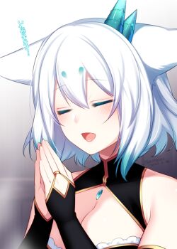 Rule 34 | 1girl, animal ears, asymmetrical horns, blush, breasts, bridal gauntlets, cleavage, closed eyes, dated, detached sleeves, fox ears, horns, konshin, large breasts, open mouth, orie mihane, original, own hands together, solo, upper body