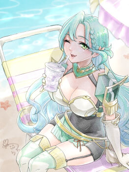 1girl aqua_hair armor bow braid breasts chloe_(fire_emblem) cleavage commentary_request earrings fire_emblem fire_emblem_engage gloves green_eyes highres large_breasts long_hair looking_at_viewer nintendo orange_bow shoulder_armor side_braid smile solo teardrop_earrings tsulala44_(oi_thanks) white_gloves