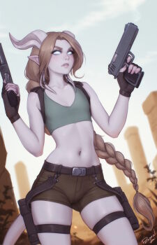 1girl artist_name black_gloves blue_sclera blue_shirt braid braided_ponytail brown_hair brown_shorts colored_sclera colored_skin commentary cowboy_shot cropped_shirt draenei dual_wielding english_commentary fingerless_gloves flat_chest gloves gun handgun highres holding holding_gun holding_weapon holster horns long_hair midriff navel outdoors parted_lips personal_ami pointy_ears purple_skin shirt short_shorts shorts signature sleeveless sleeveless_shirt solo thigh_holster thigh_strap very_long_hair warcraft weapon white_eyes world_of_warcraft