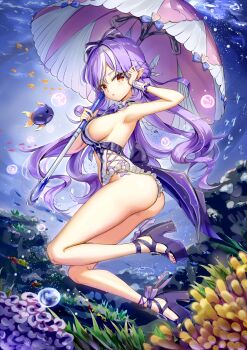 1girl ass breasts commentary_request fii_fii_(feefeeowo) fish from_side highres holding holding_umbrella large_breasts long_hair official_alternate_costume one-piece_swimsuit platform_sandals pointy_ears purple_hair red_eyes sandals sideboob solo swimsuit umbrella underwater very_long_hair vivian_banshee vivian_banshee_(iris_of_the_shore) white_one-piece_swimsuit zenless_zone_zero