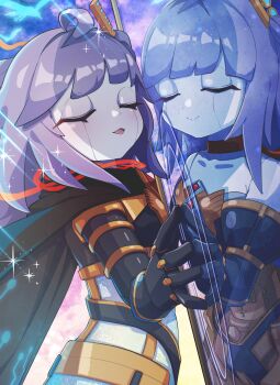 2girls absurdres ahoge bird black_cape blush c_civciv cape closed_mouth collarbone duel_monster galatea-i_the_orcust_automaton galatea_the_orcust_automaton highres humanoid_robot ib_(yu-gi-oh!) long_hair multiple_girls open_mouth purple_hair robot robot_girl smile yu-gi-oh!