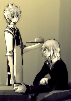 Rule 34 | 2boys, alternate costume, apron, art trade, cafe, cake, cake slice, checkered clothes, coffee mug, commentary, cup, english commentary, expressionless, food, hand up, holding, holding cup, holding tray, illbewaiting, kingdom hearts, kingdom hearts ii, long hair, looking at another, male focus, monochrome, mug, multiple boys, neck ribbon, pants, popped collar, ribbon, riku (kingdom hearts), roxas, short hair, sitting, spiked hair, standing, sweater, table, tray, upper body, vest, waiter, yellow theme